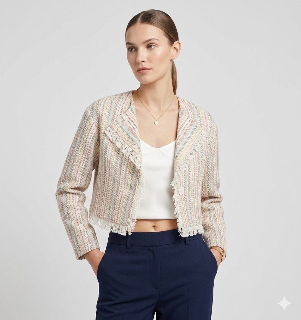 New something navy rainbow cropped tweed frayed hem blazer sz XS